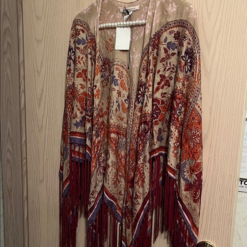 BCBGeneration Multicolor Floral Cape with Fringe